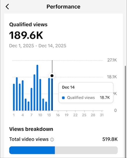TikTok analytics showing total video views for a faceless channel